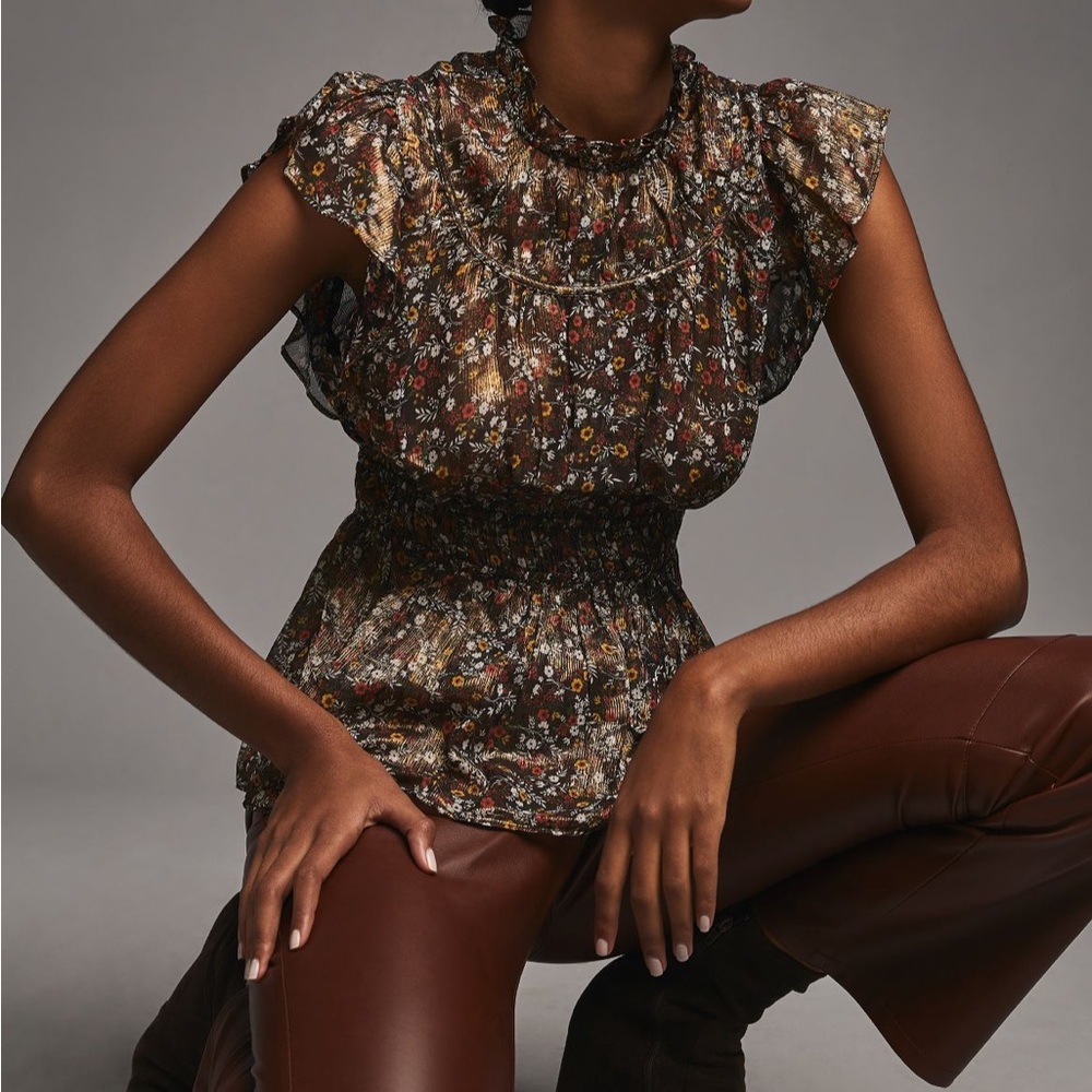 Anthropologie Floral Black Sheer Top